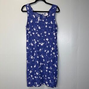 K Petite Blue Floral Crinkle Rayon Sleeveless Shift Dress Vintage 14P